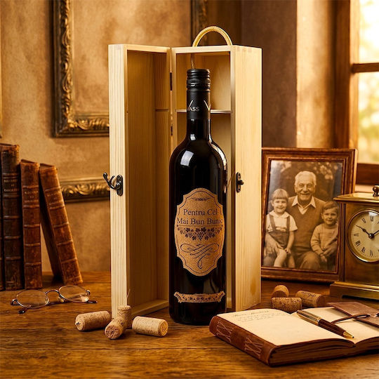 Premium Red Wine Package " Best Grandfather" In Engraved Wooden Box Manor Illustration