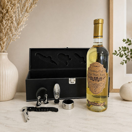 Set Premium Vin "Best Dad" Casetă Din Piele Ecologică 4 Accesorii Somelier Vin Alb Personalizat