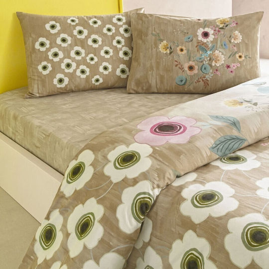 Tac Cotton Duvet Cover Set 200x220cm Double With 2 Pillowcases & 1 Bed Sheet Beige Floral Pattern