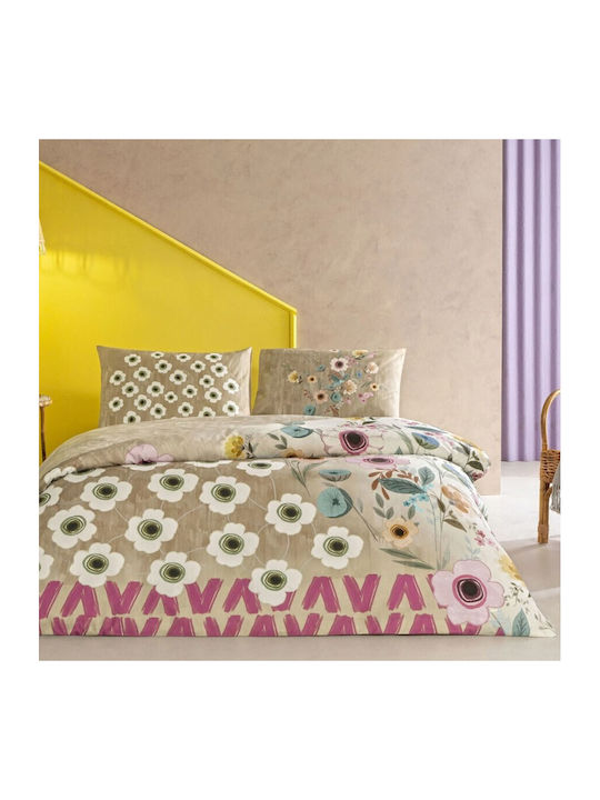 Tac Set Huse Pentru Pilote 100% Bumbac 200x220cm Dublu Cu 2 Fețe De Pernă & 1 Cearșaf Bej Model Floral