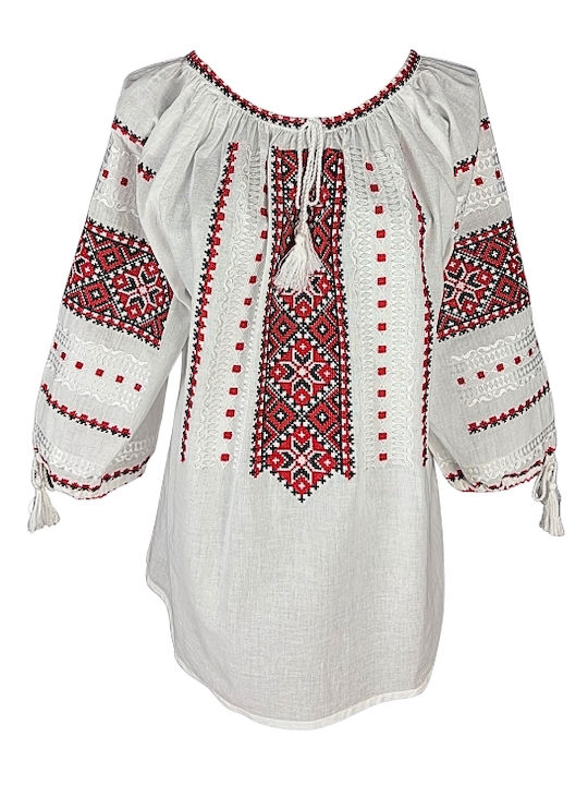 Bluza Damă Bumbac Mânecă Lungă Alb/Portocaliu