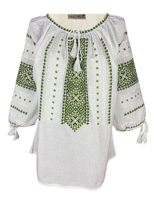 Bluza Damă Bumbac Mânecă Lungă Alb/Portocaliu