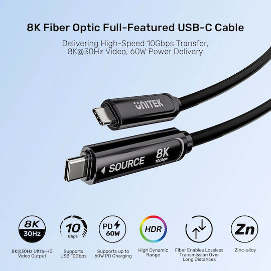 Unitek Uc Usb-c Fiber Optic 8k Cable 10gbps 60w Pd 15.0m C14178a-15m