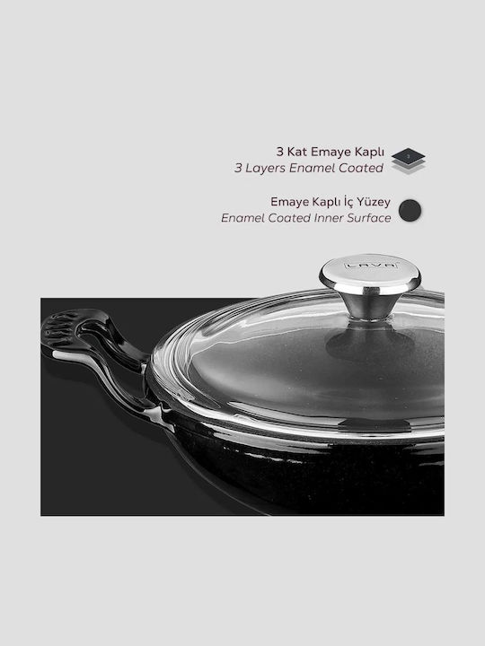 Lava Lava Wok aus Gusseisen mit Deckel mit Emaille Innenbeschichtung 16cm
