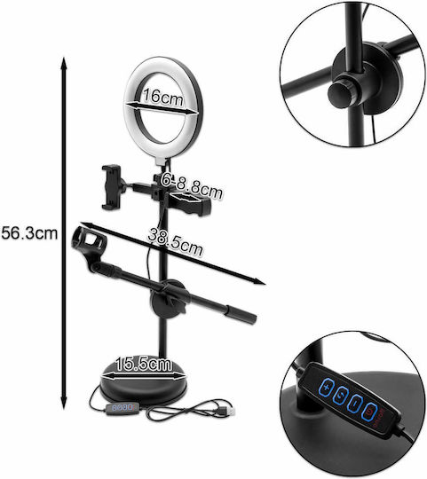 Desktop Stand for 2 Mobile Phones Microphone Ring Light LED USB 5V 3000-6500K Black OEM