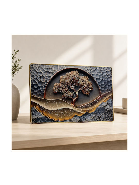 Pictură Decorativă Arbore Abstract Viață În Relief Aplicații Cristal În Cadru Auriu 60x40 Cm