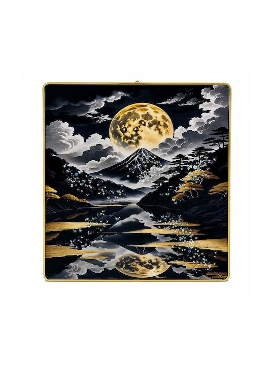 Pictură Decorativă Modernă Mount Fuji Lună Plină 3D Embosată Cristale Cadru Auriu 40x30 Cm