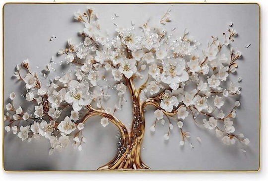 Pictură Decorativă Modernă Copac Înfloritor 3D Flori Albe Cristale Cadru Aurit 60x40 Cm