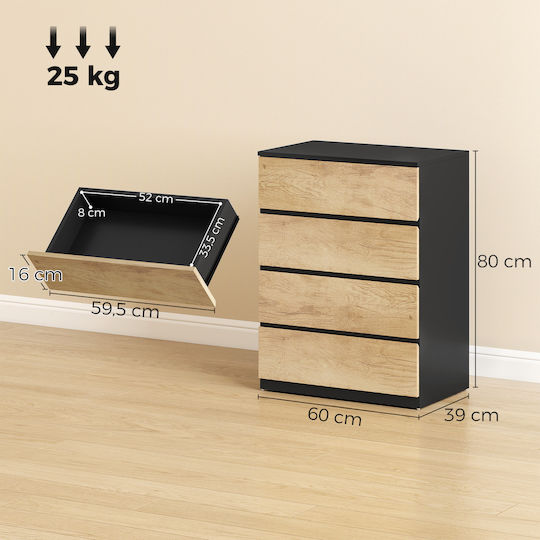 Kommode Schlafzimmer Holz mit 4 Schubladen Schwarz/Eiche 60x39x80cm