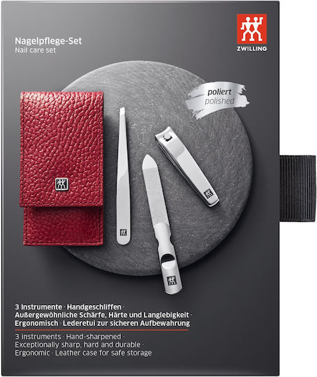 Set manichiură 3 piese husă din piele clești Red Zwilling Classic Inox