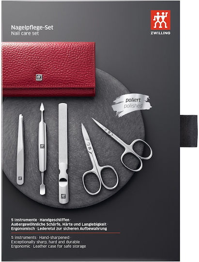 Комплект за маникюр 5 части кожен калъф червен Classic Inox Zwilling