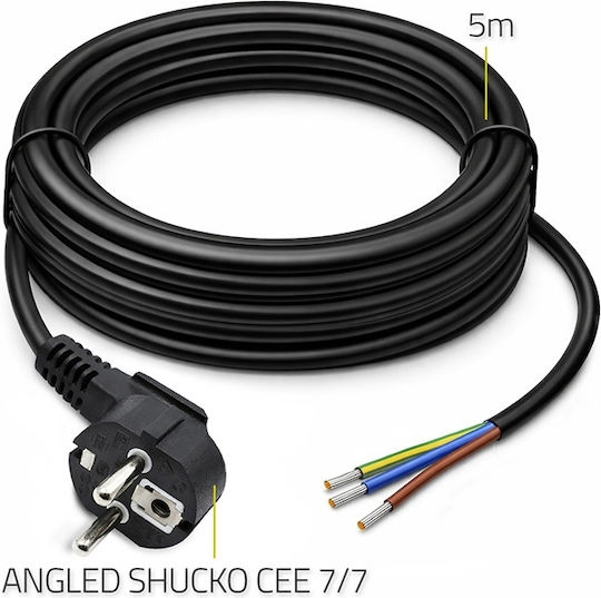 Qoltec Netzkabel Gekrümmter Schuko Cee 7/7 Stecker E F Kupfer Abisoliert Gelötet 3x1,50 Mm² 5 M