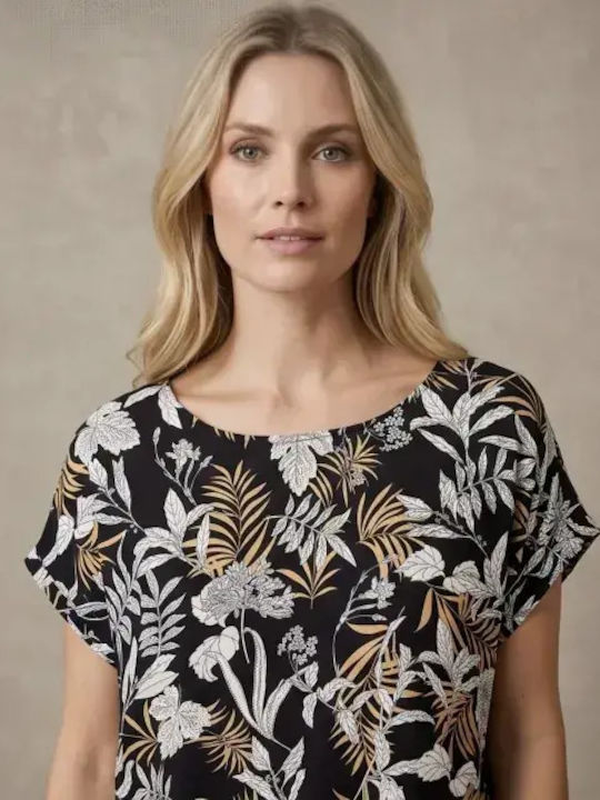 Damenbluse Baumwoll-Kurzärmelig Blumenmuster Schwarz Blumenmuster Druck