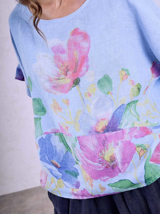 Women's Linen Blouse Floral Print Loose Fit Light Blue