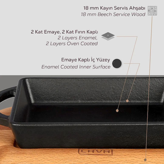 Tavă Fontă 15 X 12 Cm Cu Bază Din Lemn Lava