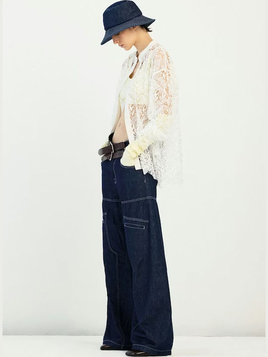 Langärmeliges Damen Denim Hemd Weiß Blumen