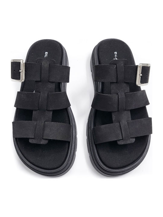 Leather Women's Flat Sandals Flatforms Black