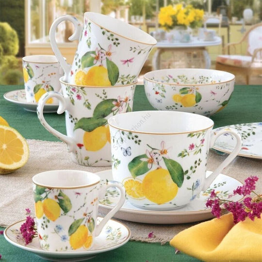 Easy-Life Fleurs Et Citrons Servierschale Rund aus Porzellan Gelb