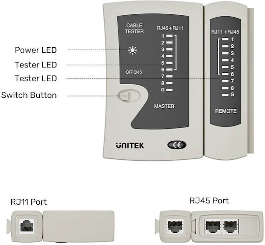 Unitek OT140AGY01 Tester Καλωδίων Δικτύου RJ45 / RJ11