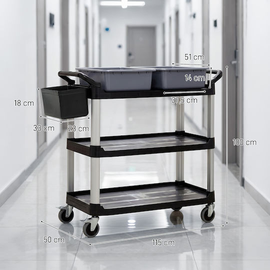 HomCom Professional Cleaning Trolley with 3 Shelves 2 Removable Buckets Side Bucket 4 Wheels Black 720-033v00bk