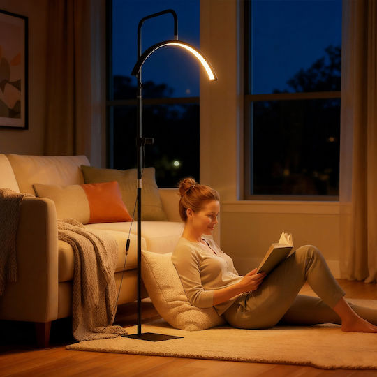 Homcom Επιδαπέδια Λάμπα Led Κεφαλή Μισοφέγγαρο Ρυθμιζόμενο Ύψος Θερμοκρασία Χρώματος Τηλεχειριστήριο Μαύρη B31-604v90bk