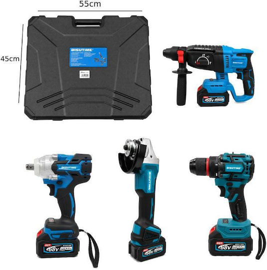 Cordless 4-in-1 Power Tool Kit Angle Grinder, Drill Driver, Impact Driver & Hammer 68V with 2 Batteries and Case