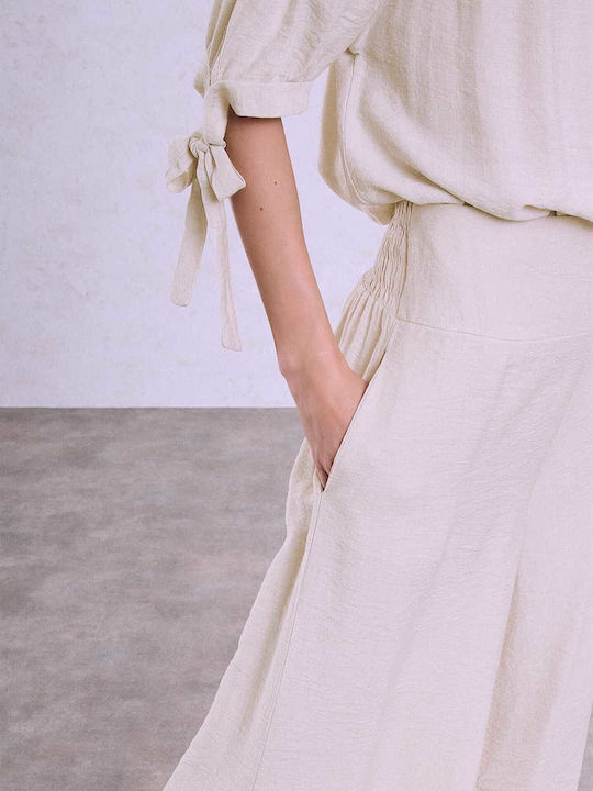Celestino Γυναικεία Παντελόνα Crop Ψηλόμεση Loose Fit Μπεζ
