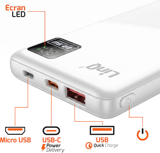 LinQ Power Bank 10000mAh 22.5W with USB-A Port and USB-C Port White