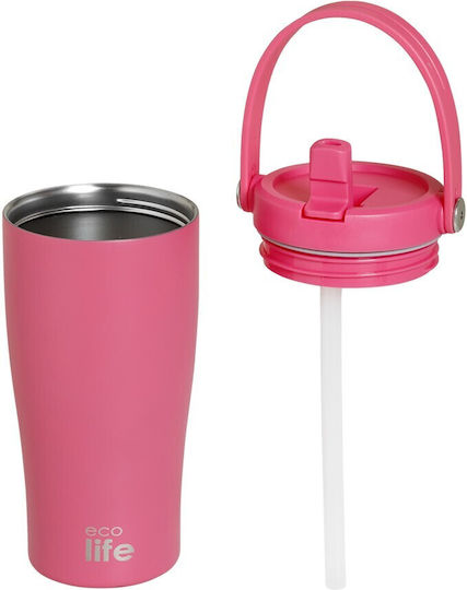 Ecolife Ecolife Thermosflasche Rostfreier Stahl Kunststoff BPA-frei 600ml Magenta mit Stroh und Handgriff