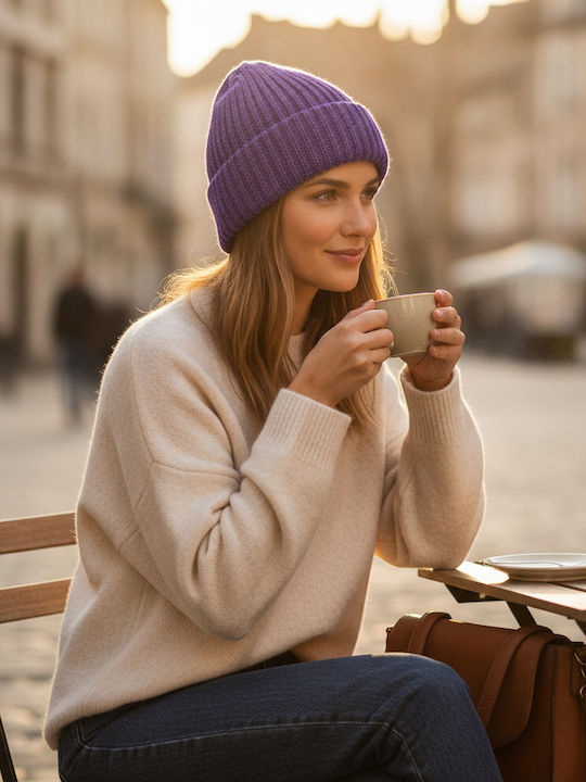 Ribbed Beanie Cap Purple
