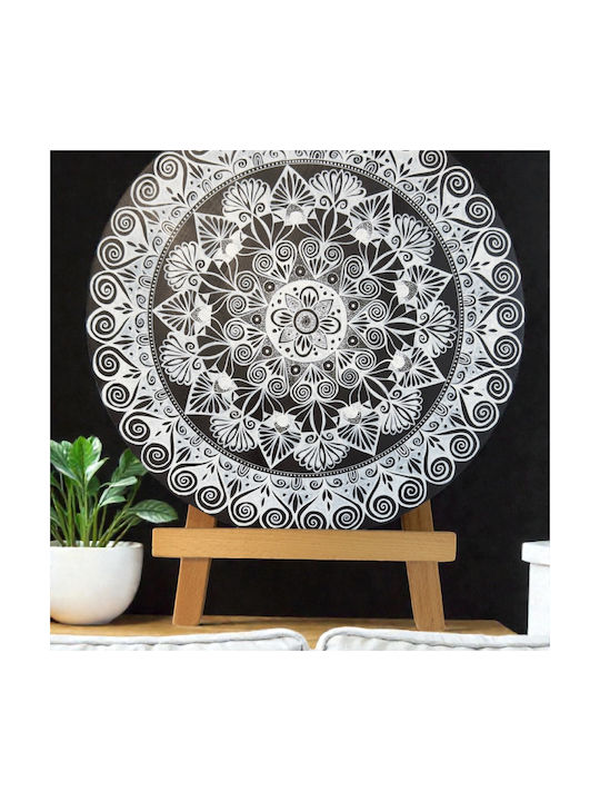 Pictură Mandala Handmade Cerc Calm Desenat Punct Cu Punct În Nuante De Negru Alb 30 Cm