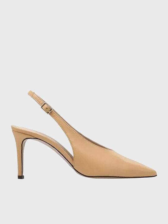 Leder Spitze Zehe Pumps mit Riemen & Hohem Absatz Beige
