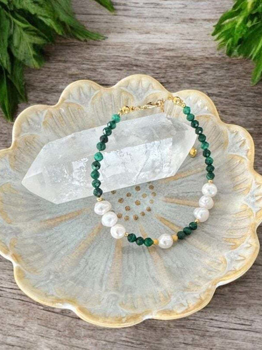 Etienne Cultured Pearl Natural Malachite Bracelet Gold-plated Silver Clasp