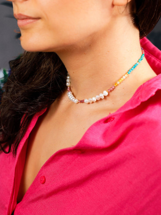 Colier Choker Cu Mărgele Naturale Roz Turmalină Topaz Amazonit Ametist Cristale În Argint 925 Placat Cu Aur