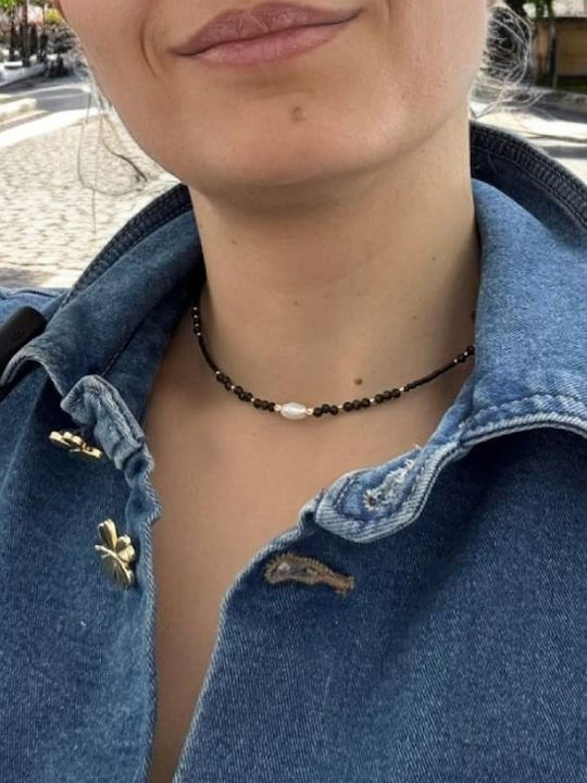 Colier Handmade Elina Choker Din Miyuki Negru Obsidian Argint Placat Cu Aur 925