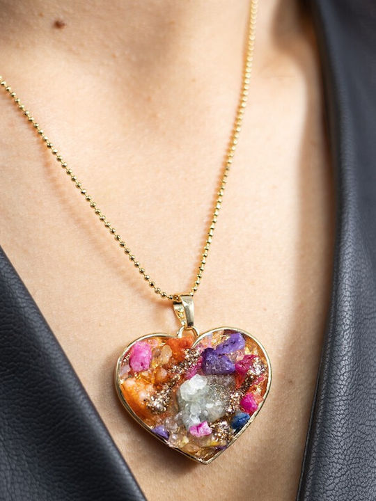 Colier Multicolor Pandantiv Inimă Aplicat Druzy Pietre Semiprețioase Placat Cu Aur 18k