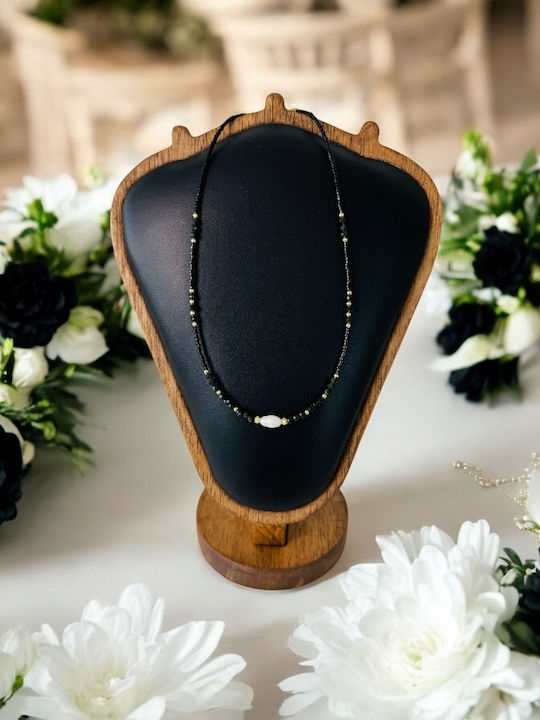 Colier Handmade Elina Choker Din Miyuki Negru Obsidian Argint Placat Cu Aur 925