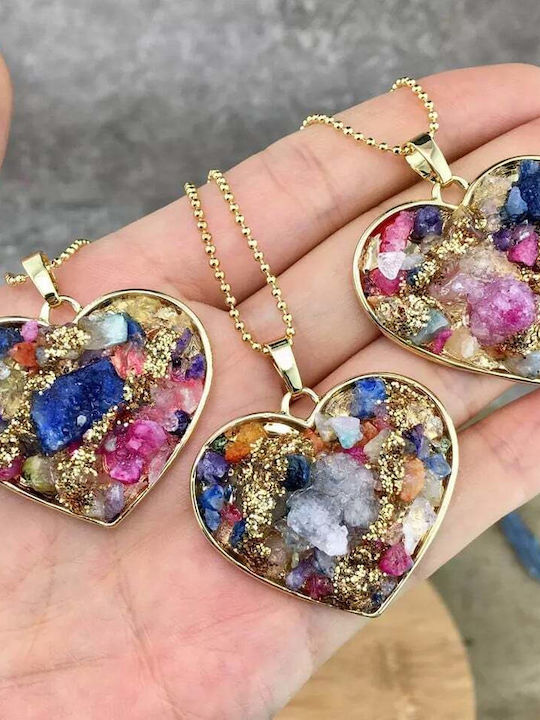 Colier Multicolor Pandantiv Inimă Aplicat Druzy Pietre Semiprețioase Placat Cu Aur 18k
