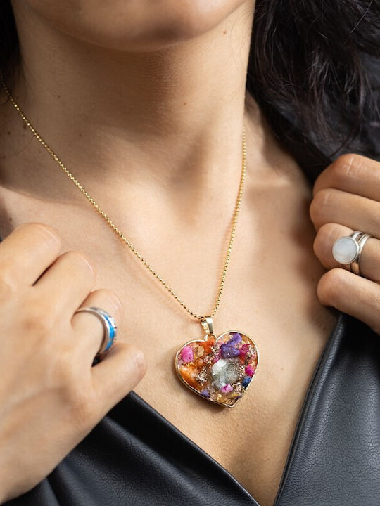 Colier Multicolor Pandantiv Inimă Aplicat Druzy Pietre Semiprețioase Placat Cu Aur 18k