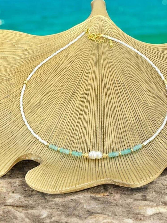 Colier Choker Elegant Isra Din Argint Placat Cu Aur Cu Amazonit Cristale Perle Miyuki