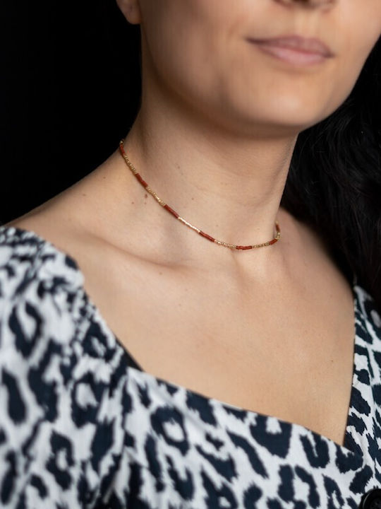 Colier Cu Piatra Semiprețioasă Jasper Roșu Choker Elegant Din Piatră Naturală Vania Sunstone Miyuki Seed Placat Cu Aur 18k