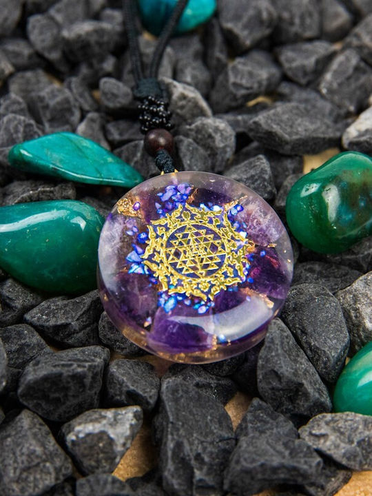 Pandantiv Orgonic „ike” Din Piese De Scoică Violet Ametist Simbol Sri Yantra 3.6cm