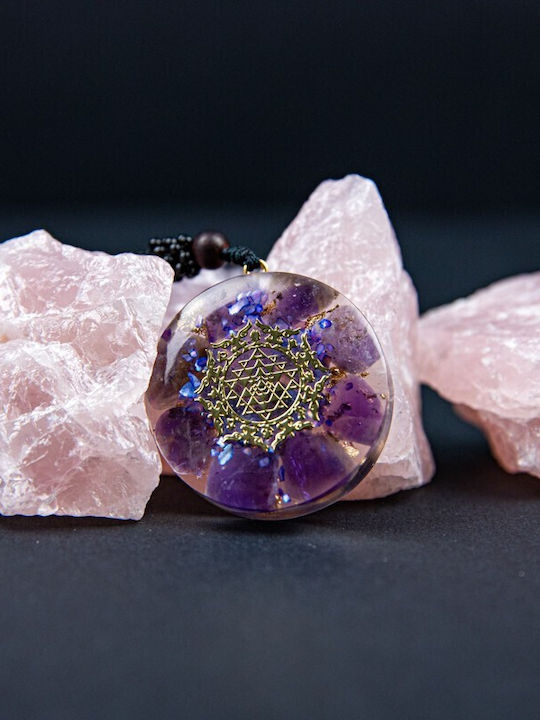 Pandantiv Orgonic „ike” Din Piese De Scoică Violet Ametist Simbol Sri Yantra 3.6cm