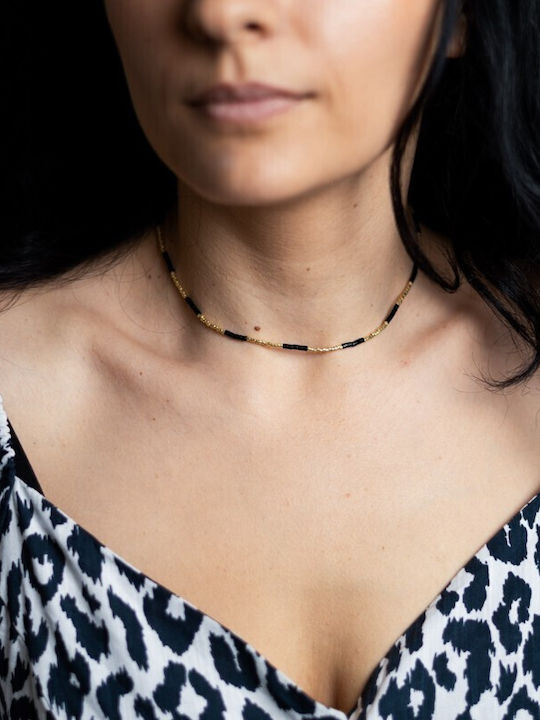 Colier Placat Cu Aur 18k Cu Pietre Semiprețioase Choker Pietre Naturale Agat Negru Sunstone Miyuki Seed Elegant Vania