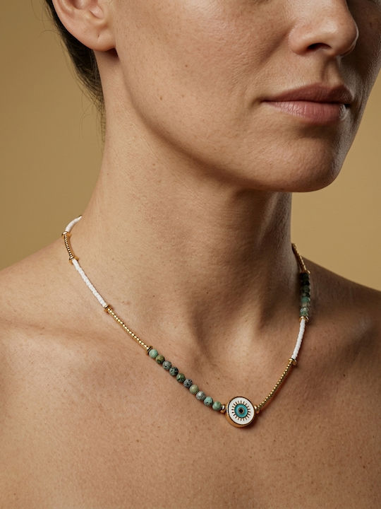 Miyuki Bead African Turquoise Enlai Necklace Evil Eye Gold Plated
