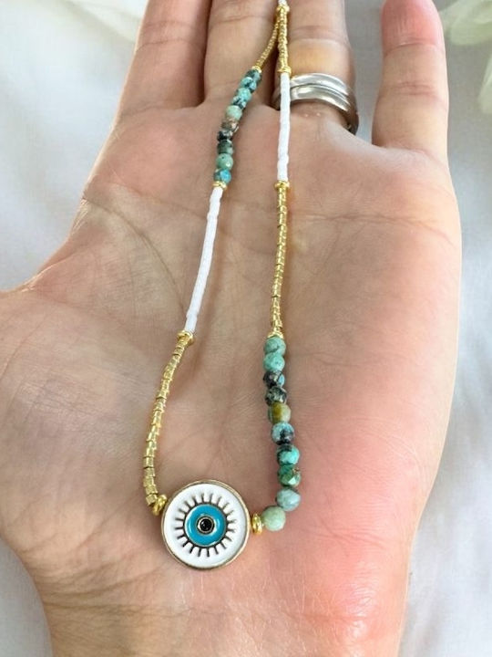 Miyuki Bead African Turquoise Enlai Necklace Evil Eye Gold Plated