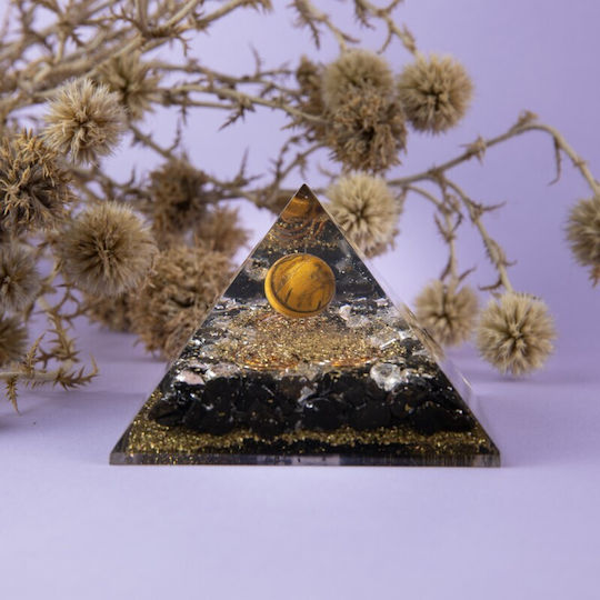 Piramidă Orgone Obsidian Tigru Cristal Cuart Alb Pudră De Cupru Spirale De Cupru