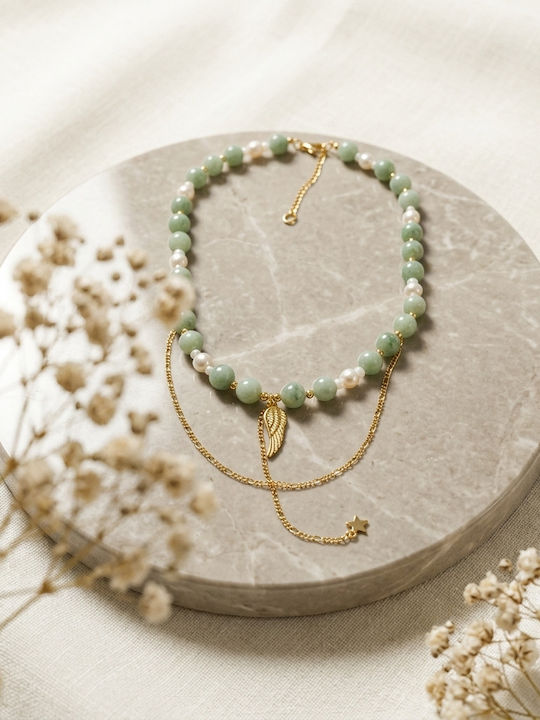 Multilayer Halskette Mit Natürlichen Smaragd Grünen Jade Perlen Vergoldetes Silber
