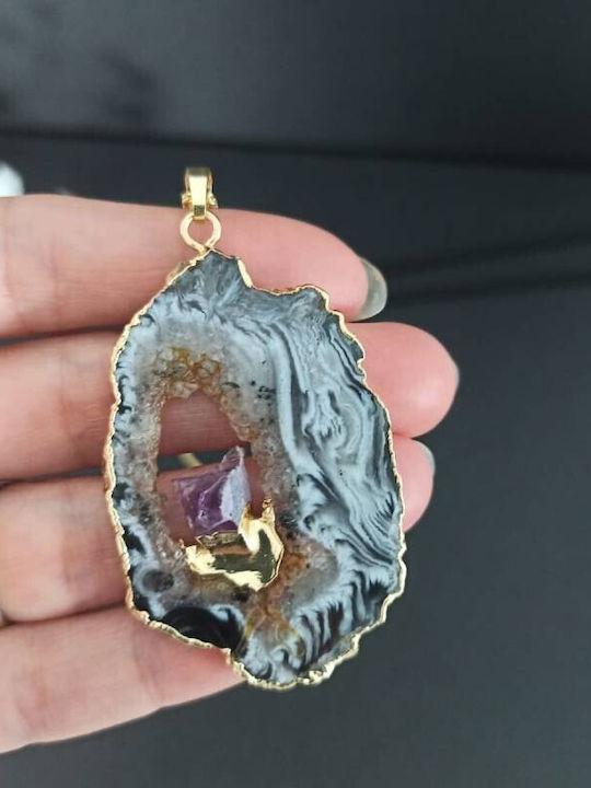 Lănțișor Pandantiv Cristal Agat Druzy Ametist Piatra Semiprețioasă Incrustare Surabhi Placat Cu Aur