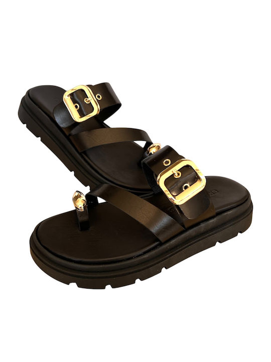 Leather Women's Flat Sandals Flatforms Black